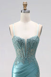 Corset bleu menthe, coupe sirène, avec fronces et appliqués, en satin, à fines bretelles, longue robe de soirée avec perles
