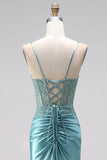 Corset bleu menthe, coupe sirène, avec fronces et appliqués, en satin, à fines bretelles, longue robe de soirée avec perles