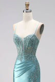 Corset bleu menthe, coupe sirène, avec fronces et appliqués, en satin, à fines bretelles, longue robe de soirée avec perles