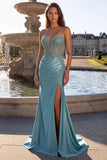 Corset bleu menthe, coupe sirène, avec fronces et appliqués, en satin, à fines bretelles, longue robe de soirée avec perles