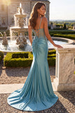 Corset bleu menthe, coupe sirène, avec fronces et appliqués, en satin, à fines bretelles, longue robe de soirée avec perles