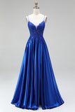 Robe de soirée ligne A bleu royal avec appliqués, en satin, à paillettes, avec perles, à fines bretelles, longue