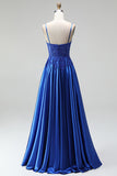Robe de soirée ligne A bleu royal avec appliqués, en satin, à paillettes, avec perles, à fines bretelles, longue