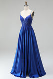Robe de soirée ligne A bleu royal avec appliqués, en satin, à paillettes, avec perles, à fines bretelles, longue