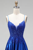 Robe de soirée ligne A bleu royal avec appliqués, en satin, à paillettes, avec perles, à fines bretelles, longue
