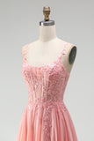 Robe de soirée longue rose ligne A à appliqués floraux, corset transparent, perlée, en mousseline et avec fente