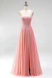 Robe de soirée longue rose ligne A à appliqués floraux, corset transparent, perlée, en mousseline et avec fente