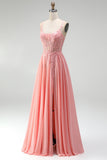 Robe de soirée longue rose ligne A à appliqués floraux, corset transparent, perlée, en mousseline et avec fente