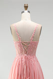Robe de soirée longue rose ligne A à appliqués floraux, corset transparent, perlée, en mousseline et avec fente