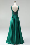 Robe de soirée longue vert foncé en satin, ligne A, à col en V, appliqués et perlée