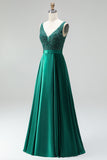 Robe de soirée longue vert foncé en satin, ligne A, à col en V, appliqués et perlée