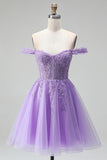 Prunes claires à l’épaule dénudée, appliques florales 3D Corset en tulle ligne A, robe courte de rentrée à la maison avec perles