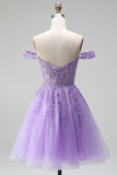 Prunes claires à l’épaule dénudée, appliques florales 3D Corset en tulle ligne A, robe courte de rentrée à la maison avec perles