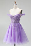 Prunes claires à l’épaule dénudée, appliques florales 3D Corset en tulle ligne A, robe courte de rentrée à la maison avec perles