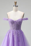 Prunes claires à l’épaule dénudée, appliques florales 3D Corset en tulle ligne A, robe courte de rentrée à la maison avec perles