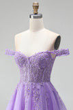 Prunes claires à l’épaule dénudée, appliques florales 3D Corset en tulle ligne A, robe courte de rentrée à la maison avec perles