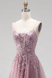 Robe de soirée longue gris rose scintillante, ligne A, à paillettes, corset en tulle et perlée