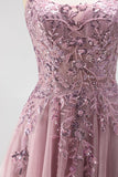 Robe de soirée longue gris rose scintillante, ligne A, à paillettes, corset en tulle et perlée