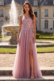 Robe de soirée longue gris rose scintillante, ligne A, à paillettes, corset en tulle et perlée