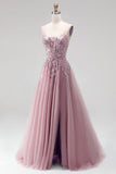 Robe de soirée longue gris rose scintillante, ligne A, à paillettes, corset en tulle et perlée