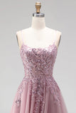 Robe de soirée longue gris rose scintillante, ligne A, à paillettes, corset en tulle et perlée