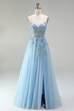 Corset bleu ciel Appliqués floraux transparents Sequins ligne A Robe de bal longue sans bretelles avec fente latérale
