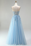 Corset bleu ciel Appliqués floraux transparents Sequins ligne A Robe de bal longue sans bretelles avec fente latérale