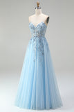 Corset bleu ciel Appliqués floraux transparents Sequins ligne A Robe de bal longue sans bretelles avec fente latérale