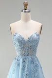 Corset bleu ciel Appliqués floraux transparents Sequins ligne A Robe de bal longue sans bretelles avec fente latérale