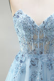 Corset bleu ciel Appliqués floraux transparents Sequins ligne A Robe de bal longue sans bretelles avec fente latérale