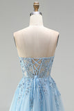 Corset bleu ciel Appliqués floraux transparents Sequins ligne A Robe de bal longue sans bretelles avec fente latérale