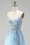 Corset bleu ciel Appliqués floraux transparents Sequins ligne A Robe de bal longue sans bretelles avec fente latérale