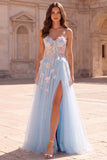 Corset bleu clair Appendices florales 3D sans bretelles Sequins Tulle Longue robe de bal avec fente