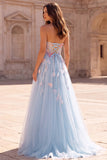 Corset bleu clair Appendices florales 3D sans bretelles Sequins Tulle Longue robe de bal avec fente