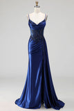 Corset bleu royal à col à col à cou bleu transparent transparent en satin fleuri à paillettes Longue, robe de bal longue avec fente