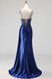 Corset bleu royal à col à col à cou bleu transparent transparent en satin fleuri à paillettes Longue, robe de bal longue avec fente