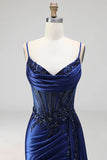 Corset bleu royal à col à col à cou bleu transparent transparent en satin fleuri à paillettes Longue, robe de bal longue avec fente