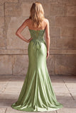 Corset vert sirène à col en V en strass, satin transparent plissé et perlée, longue robe de bal avec fente