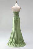 Corset vert sirène à col en V en strass, satin transparent plissé et perlée, longue robe de bal avec fente