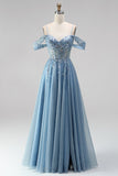 Robe de soirée longue bleu poussiéreux à paillettes, avec corset, ligne A, à épaules dénudées, détails transparents et appliqués
