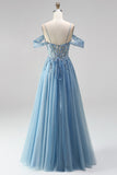 Robe de soirée longue bleu poussiéreux à paillettes, avec corset, ligne A, à épaules dénudées, détails transparents et appliqués