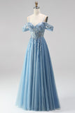 Robe de soirée longue bleu poussiéreux à paillettes, avec corset, ligne A, à épaules dénudées, détails transparents et appliqués