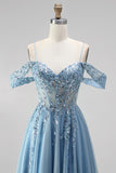 Robe de soirée longue bleu poussiéreux à paillettes, avec corset, ligne A, à épaules dénudées, détails transparents et appliqués
