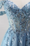 Robe de soirée longue bleu poussiéreux à paillettes, avec corset, ligne A, à épaules dénudées, détails transparents et appliqués