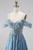 Robe de soirée longue bleu poussiéreux à paillettes, avec corset, ligne A, à épaules dénudées, détails transparents et appliqués