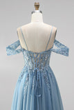 Robe de soirée longue bleu poussiéreux à paillettes, avec corset, ligne A, à épaules dénudées, détails transparents et appliqués