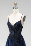 Robe de soirée à paillettes, avec corset, ligne A, bleu marine, en tulle, avec appliqués, à fines bretelles, longue
