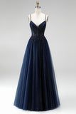 Robe de soirée à paillettes, avec corset, ligne A, bleu marine, en tulle, avec appliqués, à fines bretelles, longue