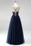 Robe de soirée à paillettes, avec corset, ligne A, bleu marine, en tulle, avec appliqués, à fines bretelles, longue