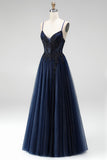 Robe de soirée à paillettes, avec corset, ligne A, bleu marine, en tulle, avec appliqués, à fines bretelles, longue